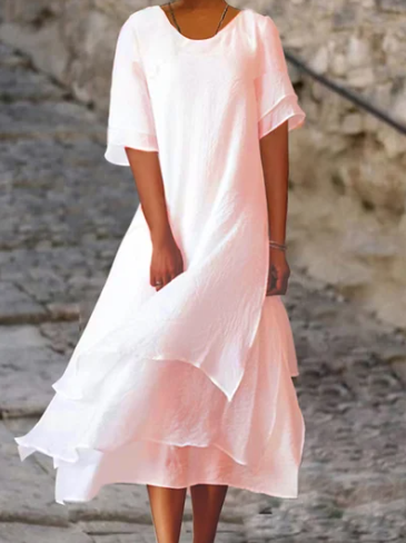 Roselle - Robe à col rond et manches courtes en coton et lin double épaisseur