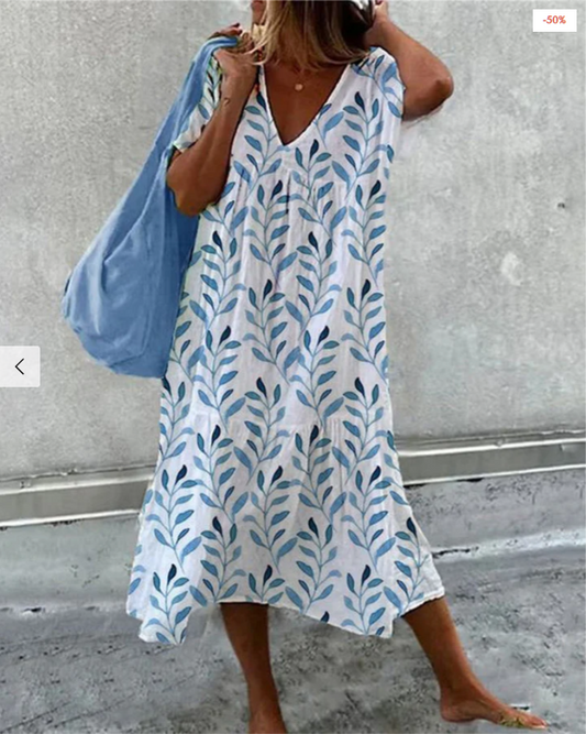 Robe à col en V pour femmes avec imprimé feuilles
