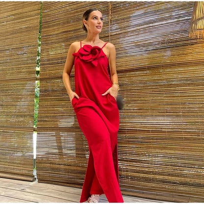 Marinelle - Robe longue avec fente et poches en lin mélangé avec décoration florale