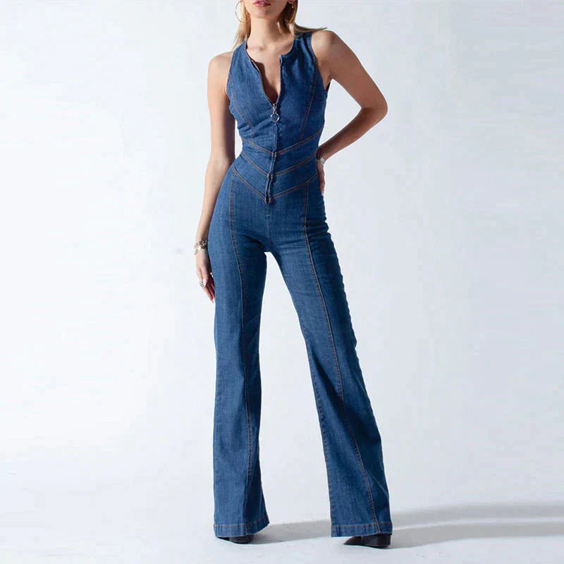 Céleste - Combinaison en denim à cœur bodycon et dos ouvert
