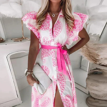 Alexa - Robe midi à volants, manches courtes, col en V, imprimée avec des boutons