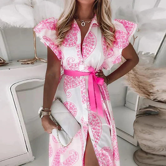 Alexa - Robe midi à volants, manches courtes, col en V, imprimée avec des boutons