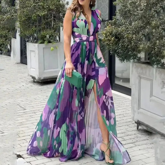Eleana - Élégante robe longue sans manches à col en V, drapée et ajustée