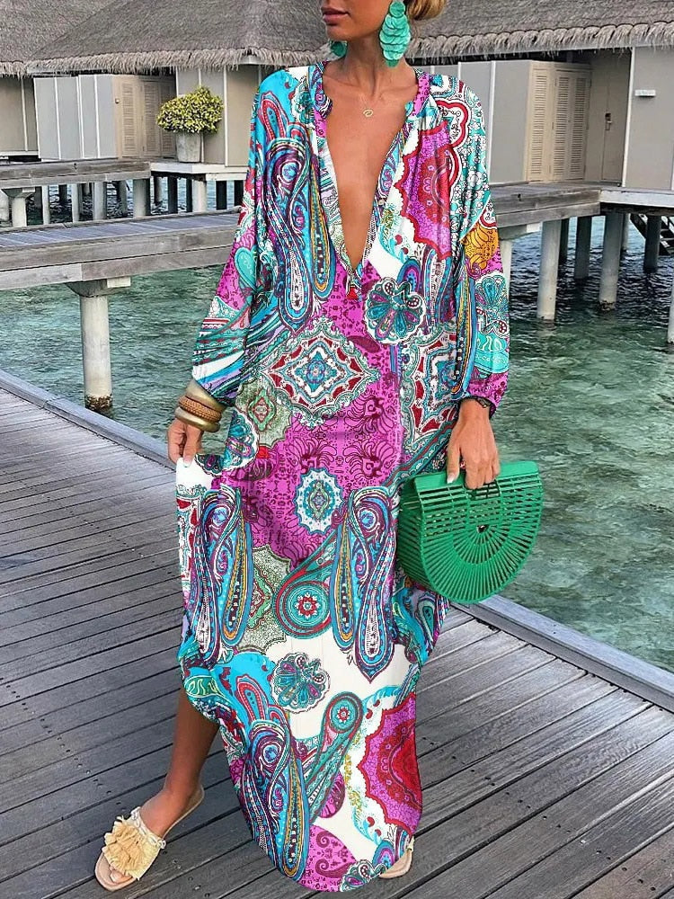 Georgette - Robe longue à manches longues de style bohème