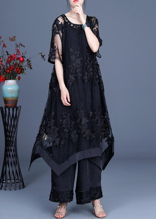 Summer Black Dress Wide-Pipe Trousers Jarretel Skirt Three-Piece Set