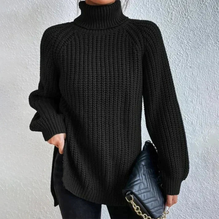 Nicole - pull noir à col roulé et à grosses côtes pour le printemps