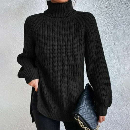 Nicole - pull noir à col roulé et à grosses côtes pour le printemps