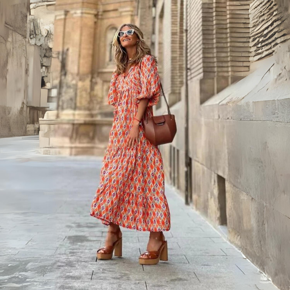 Taylor - Longue robe printanière à manches bouffantes