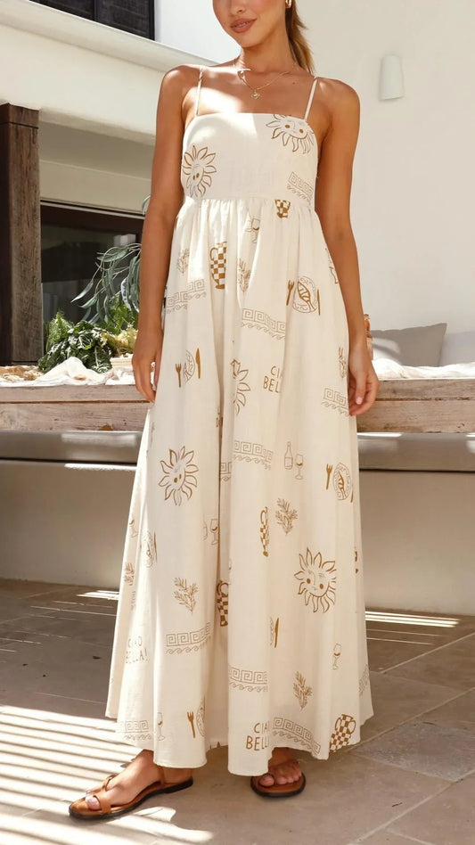 Robe longue marron au charme ensoleillé et aux découpes détaillées