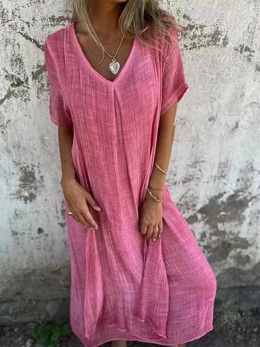 Tifa - Robe midi en coton et lin avec encolure en V