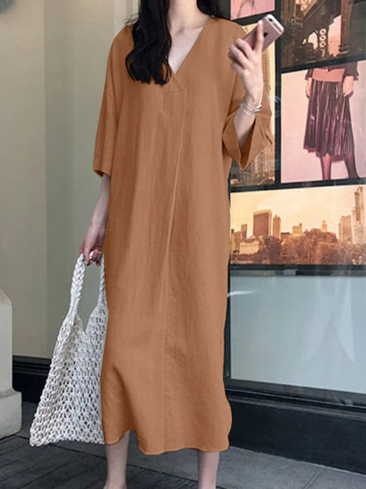 Andrella - Robe en coton et lin uni avec boutons