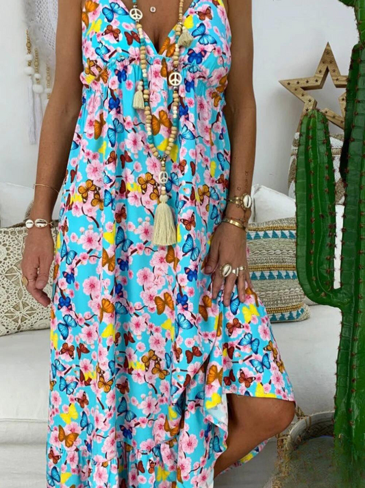 Robe longue imprimée avec bretelles spaghetti et col en V