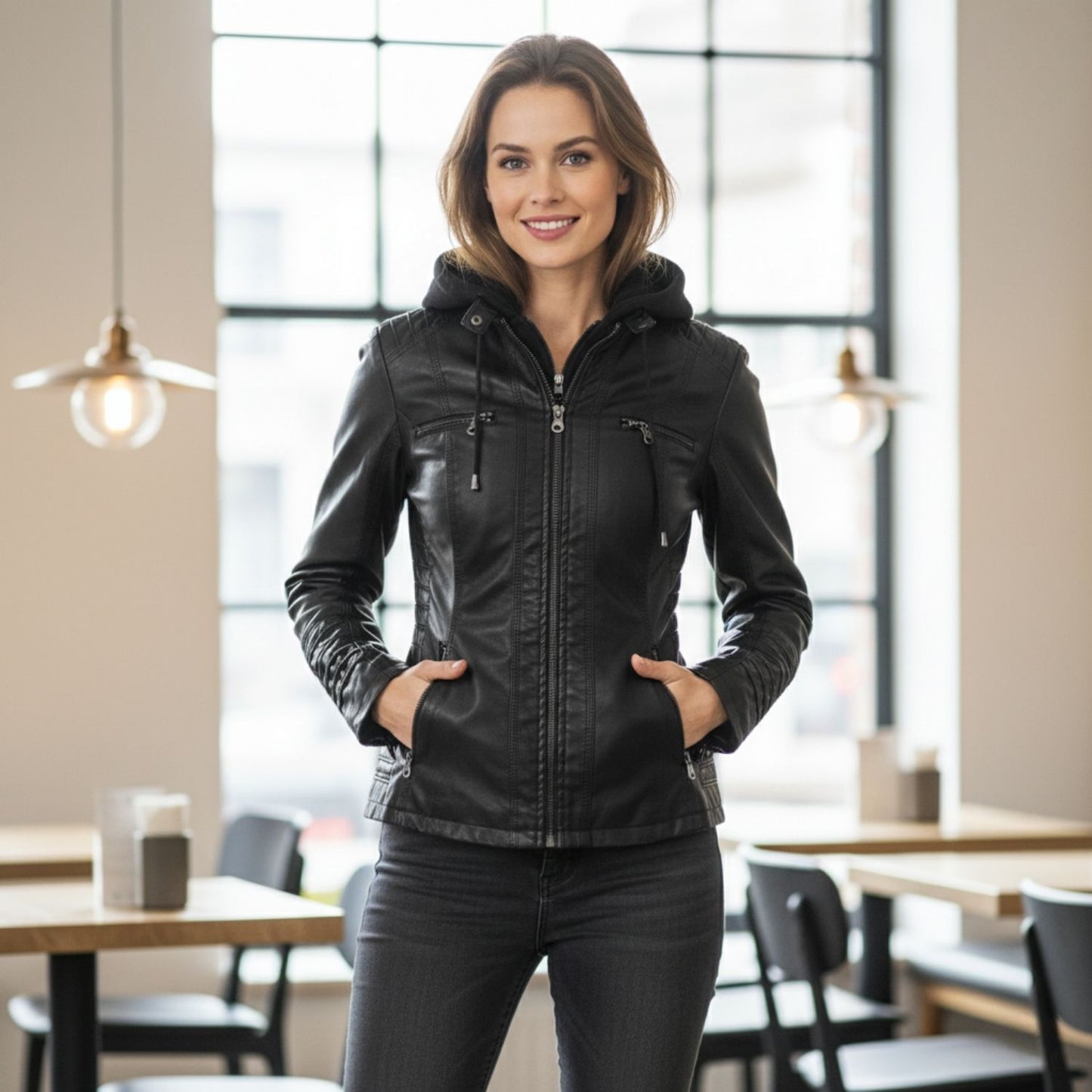 Lyra | Veste Femme en Cuir avec Capuche Chic et Confortable