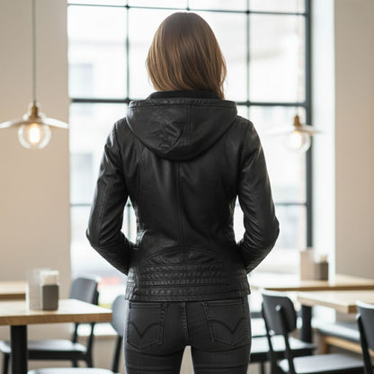 Lyra | Veste Femme en Cuir avec Capuche Chic et Confortable