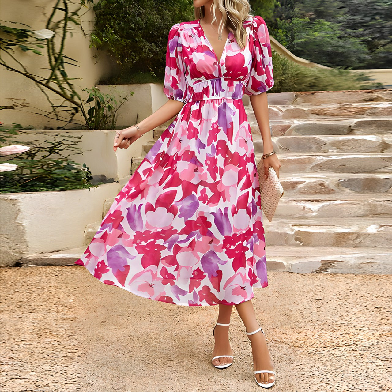 Robe mi-longue avec encolure en V