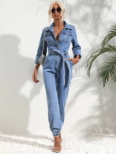 Karen - Combinaison en Jean Bleu Tendance avec Ceinture et Col Halter pour Femmes