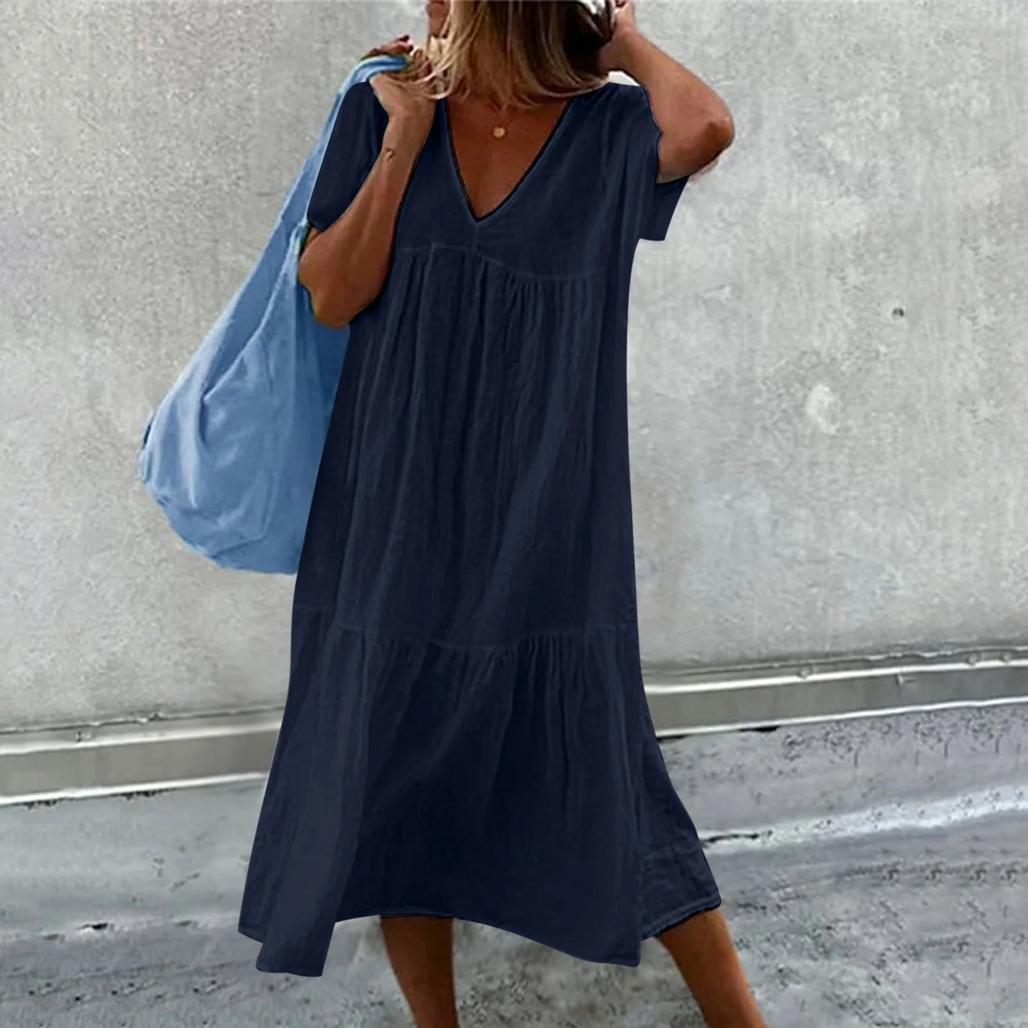 Wylla - Robe décontractée à col en V pour dames avec pochette unie