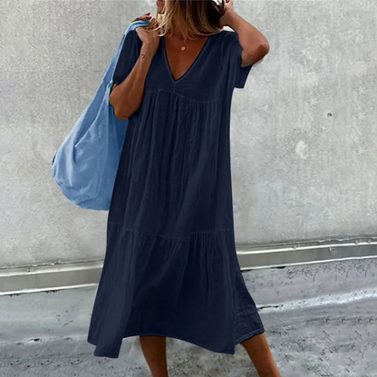 Wylla - Robe décontractée à col en V pour dames avec pochette unie