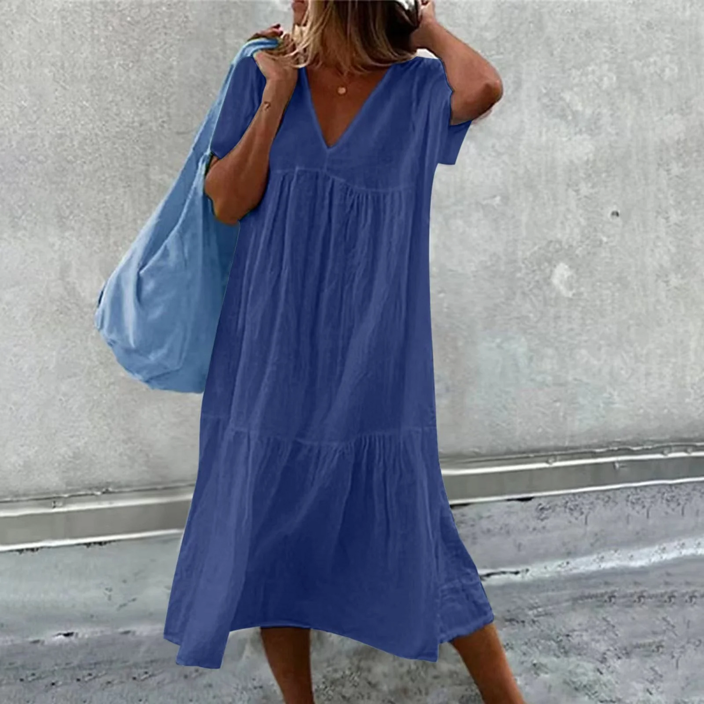 Wylla - Robe décontractée à col en V pour dames avec pochette unie