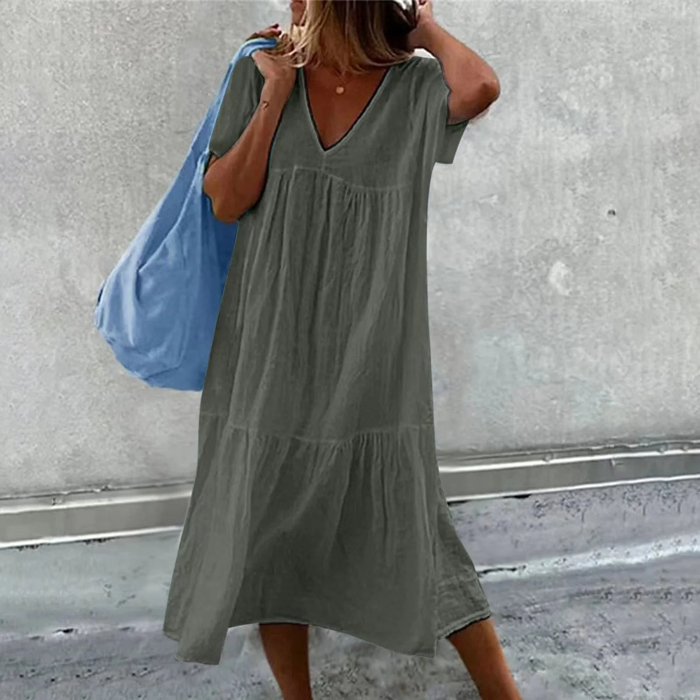Wylla - Robe décontractée à col en V pour dames avec pochette unie