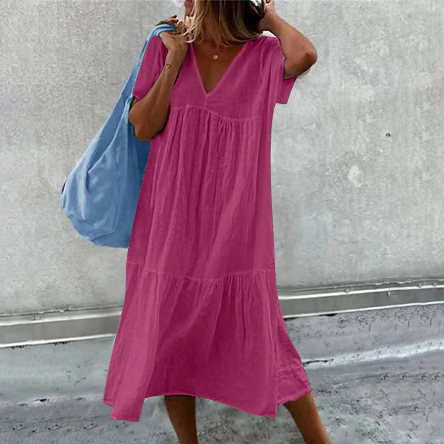 Wylla - Robe décontractée à col en V pour dames avec pochette unie