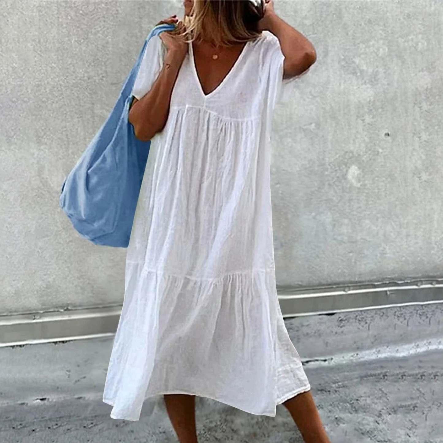 Wylla - Robe décontractée à col en V pour dames avec pochette unie