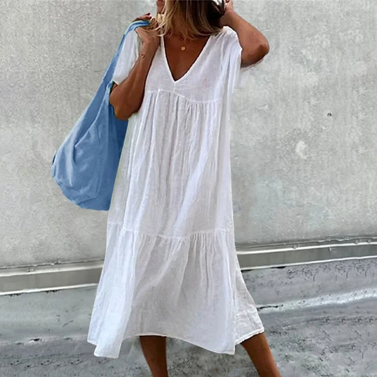Wylla - Robe décontractée à col en V pour dames avec pochette unie