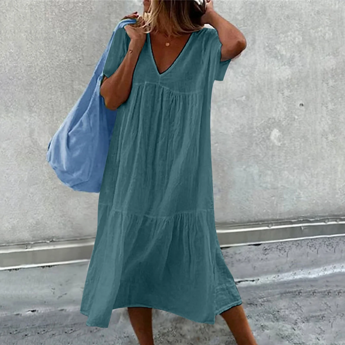 Wylla - Robe décontractée à col en V pour dames avec pochette unie