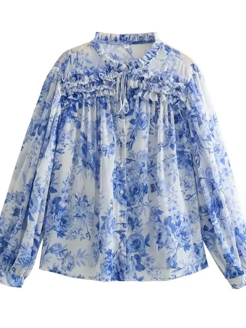 LAREINA | Chemisier vintage, semi-transparent, imprimé, avec plis et cordon de serrage