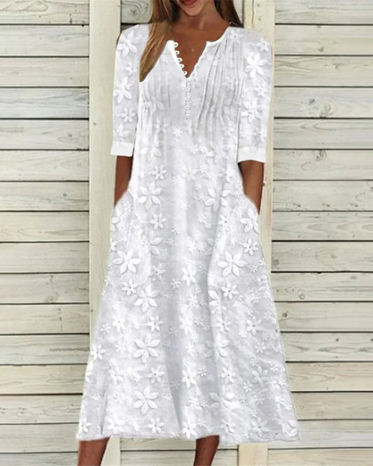 Robe A-line - Elégante - Mélange de coton avec motif floral - Parfaite pour le printemps et l'été