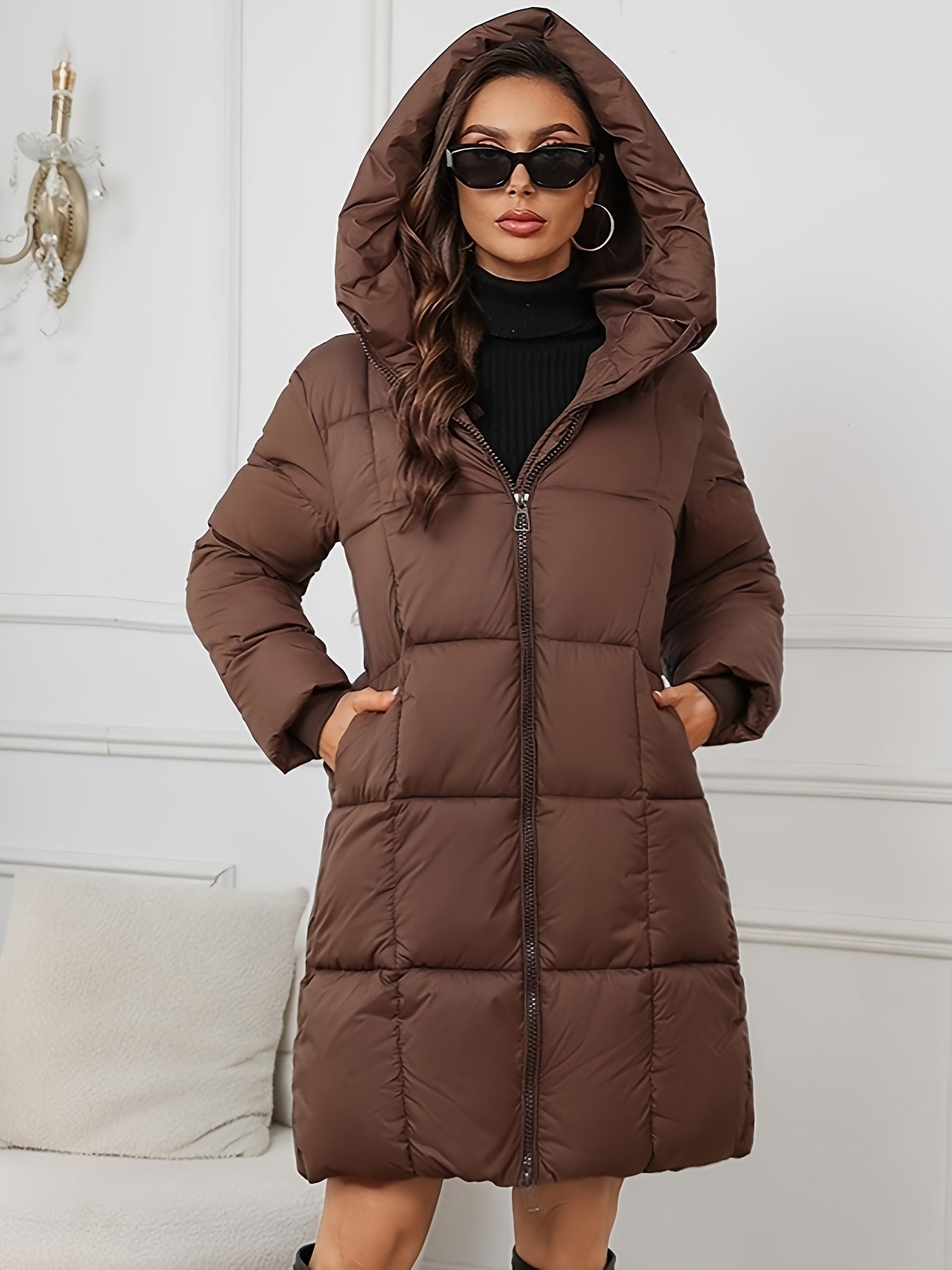 Veste tampon chaude et décontractée de longueur moyenne avec capuche pour femmes | Idéal pour l'automne/hiver