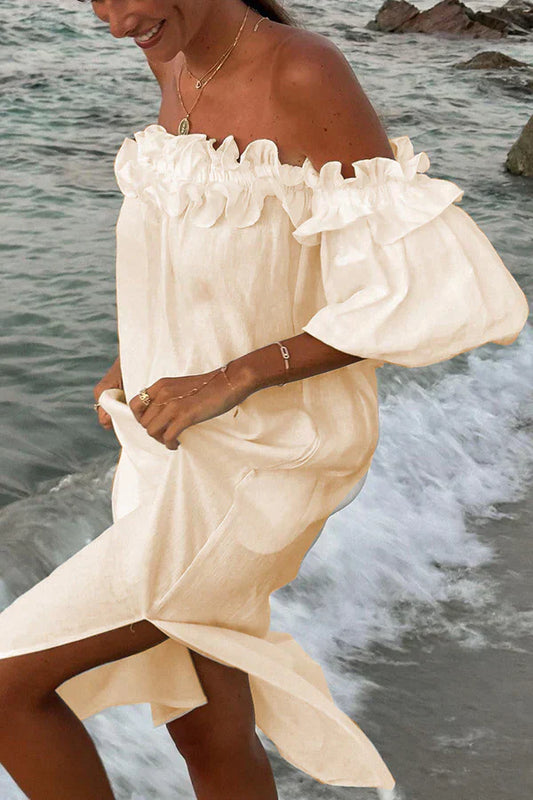 Jamila - Robe en lin à volants sur les épaules