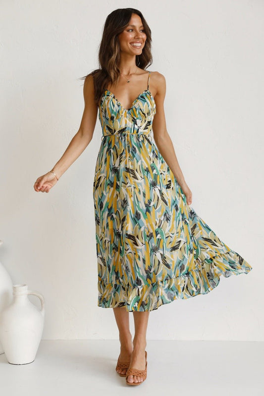 Adela - Robe d'été midi imprimée avec franges