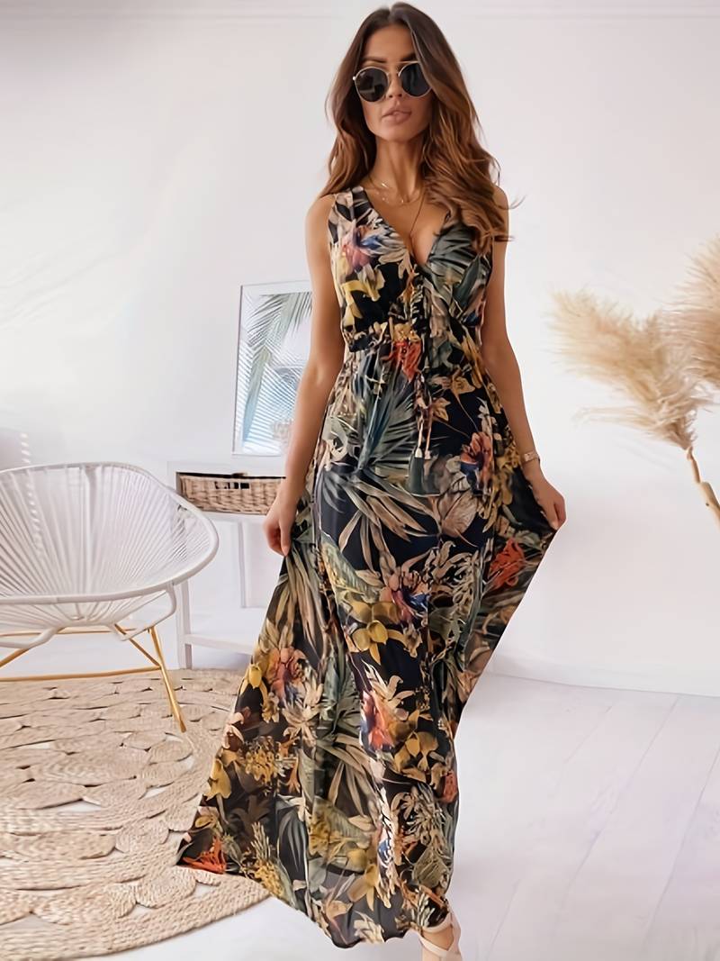Abitha - Robe bohème avec cordon de serrage et imprimé tropical