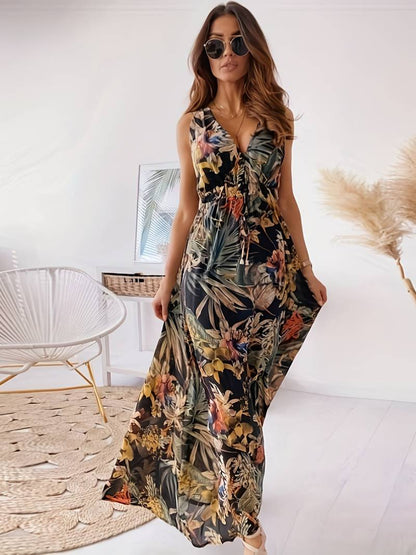 Abitha - Robe bohème avec cordon de serrage et imprimé tropical