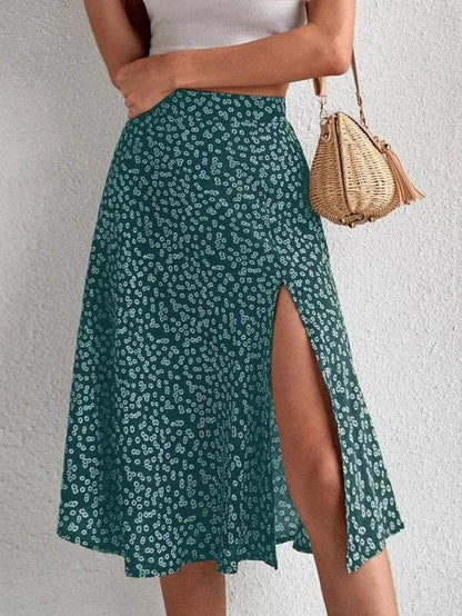 Jupe midi - Imprimé floral - Taille haute, fente élégante, tissu aéré - Parfaite pour les journées d'été