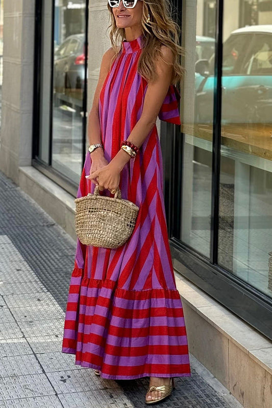 Robe longue A-line en lin mélangé avec encolure mi-mollet rayée
