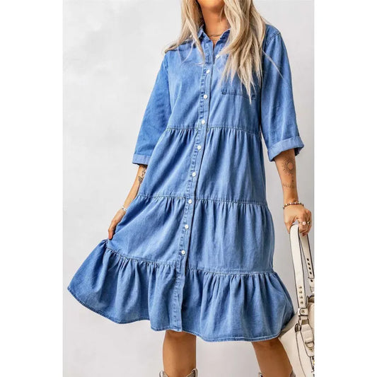Mini robe en chambray à volants et boutons en jean