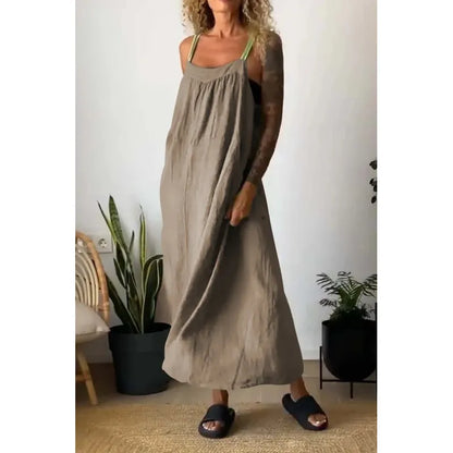 Robe longue en chambray avec poches et bretelles contrastées couleur beau blue