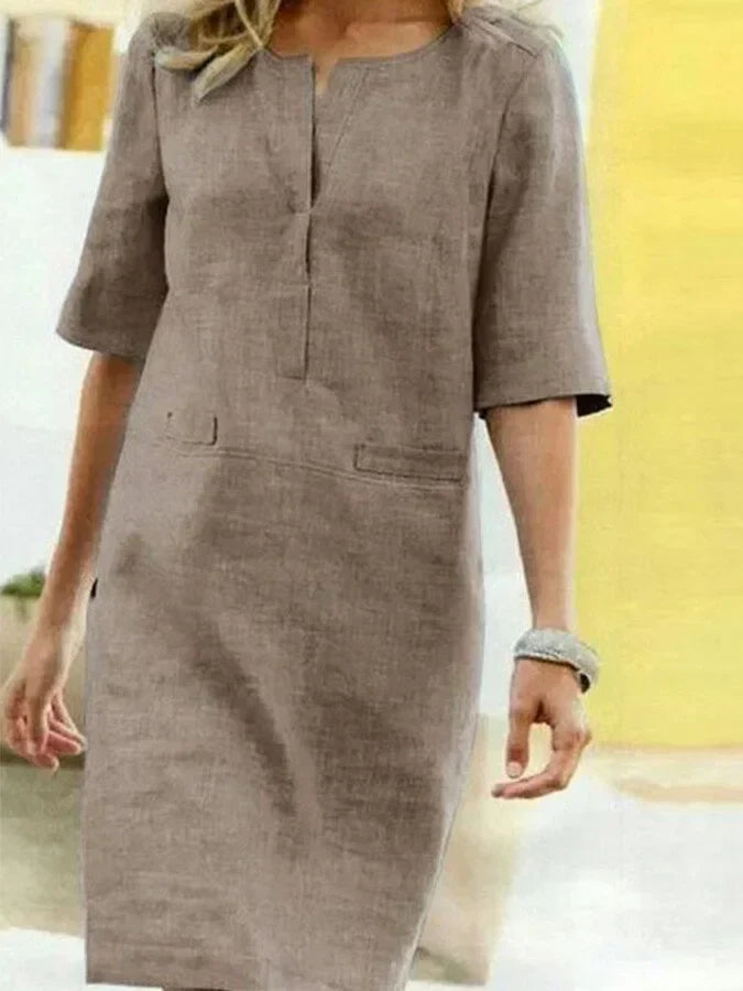 Ronsey - Robe à manches courtes en coton et lin pour femme