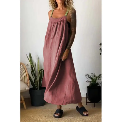 Robe longue en chambray avec poches et bretelles contrastées couleur beau blue