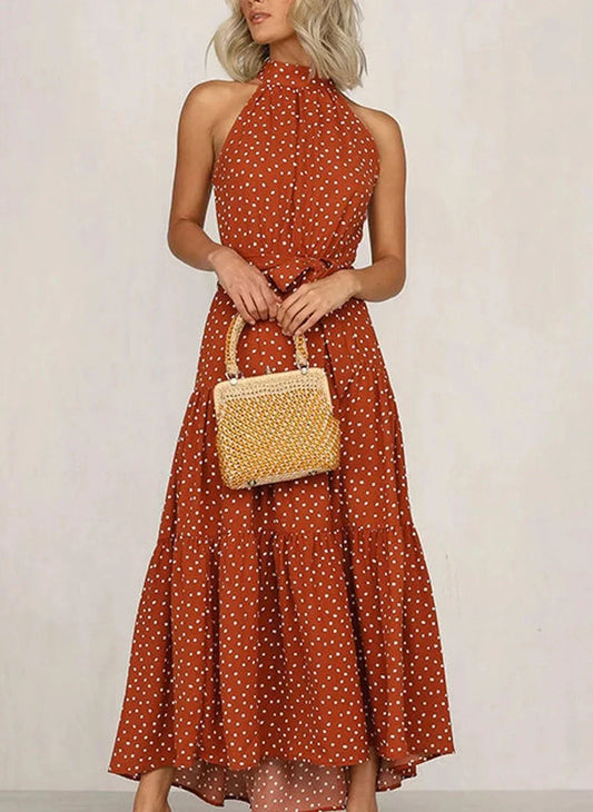 Robe longue imprimée avec nœud à la taille