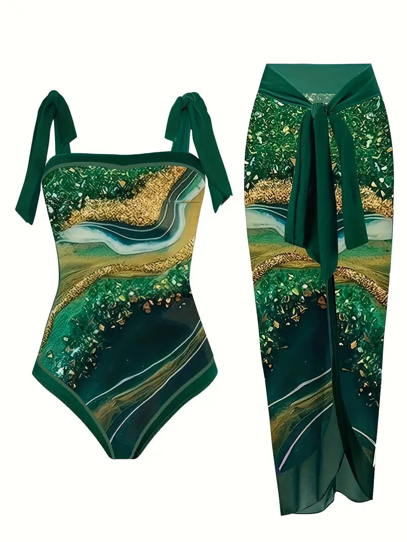 Maillot de bain élégant et jupe avec imprimé marbre en une seule pièce