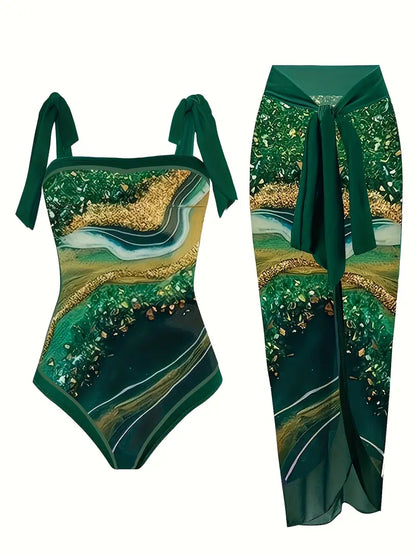 Maillot de bain élégant et jupe avec imprimé marbre en une seule pièce