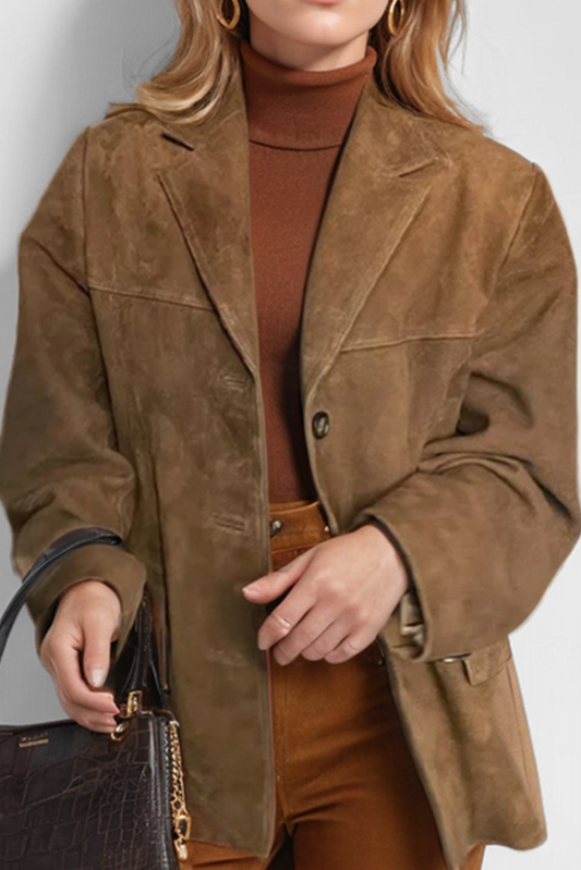 Coralie - Veste Vintage Café à Revers avec Poches à Rabat et Boutons