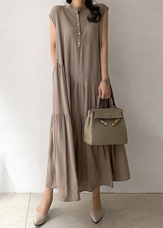 Robe longue en coton kaki pour dames avec pochette à boutons