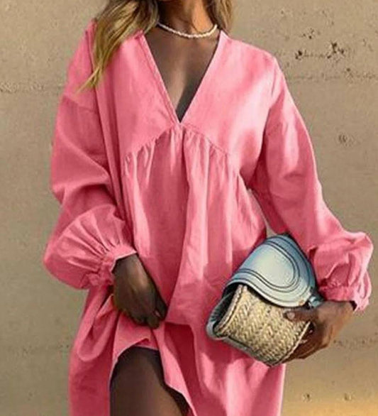 Robe décontractée avec encolure en V et manches plissées en forme de lanterne