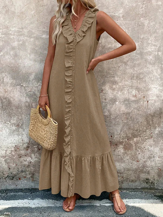 Robe longue ample à encolure en V sans manches et volants sans manches