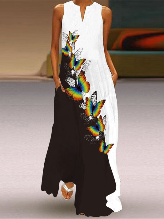 Robe longue sans manches avec encolure en V et imprimé