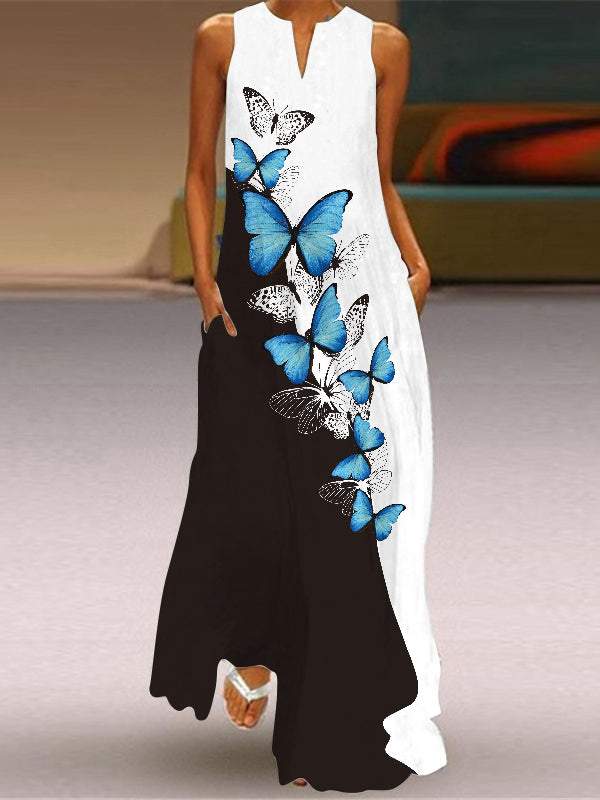 Robe longue sans manches avec encolure en V et imprimé